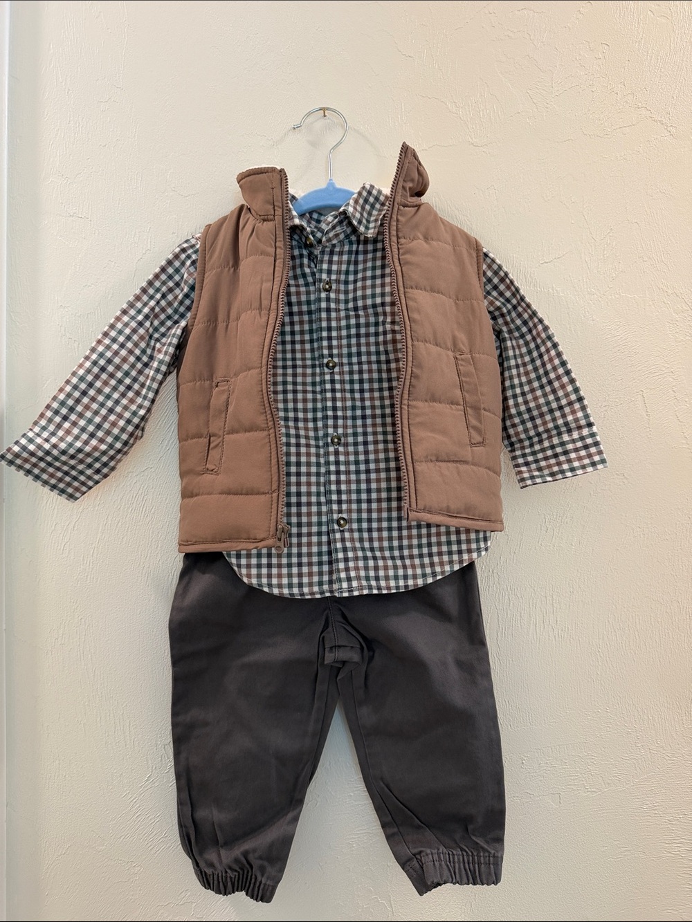 Carters Toddler Brown Puffer Vest with Plaid Shirt & Charcoal Pants Outfit